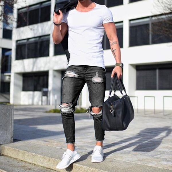 

бутик повседневный узкие джинсы мужские прямые джинсы denim / мужские брюки тощие джинсы мужские светлые и рваные 2020, Blue