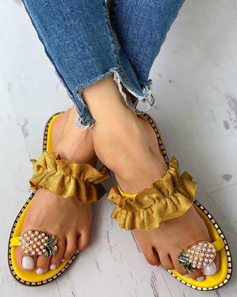 

2020 новых женщин лета плоские сандалии кожа pearl toe скольжения на вьетнамки ананас лето пляж слайды повседневная обувь тапочка, Black
