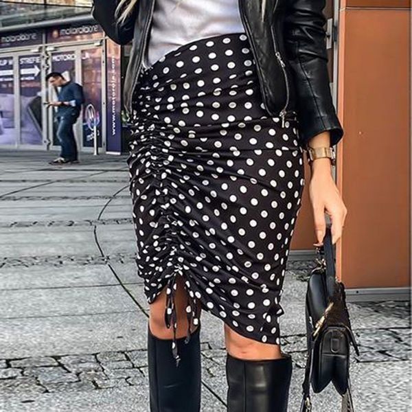 

jaycosin fashion dot print skirt women's casual high waist korean draw string knee length straight skirt office lady 1125, Black
