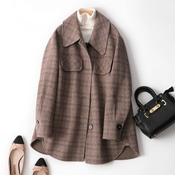 

vintage stylish pockets oversized plaid shirt style coat women 2020 fashion lapel collar long sleeve loose outerwear cashmere, Black