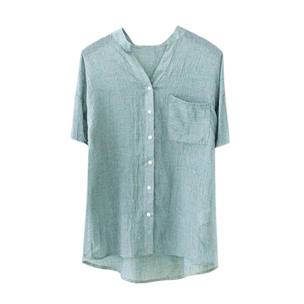 

feitong large size tunic shirt women stand collar solid blouse short sleeve casual button down blouse blusas mujer de moda, White