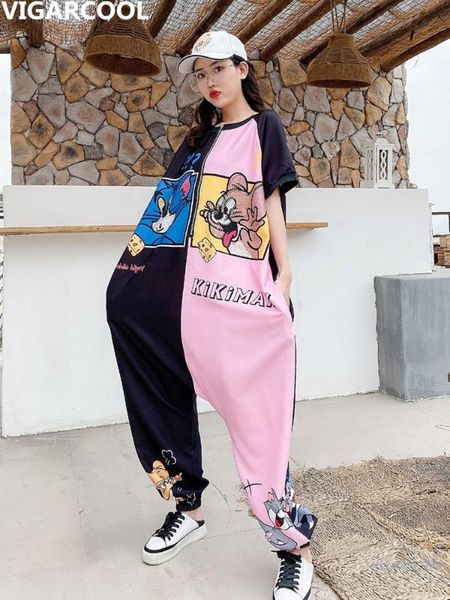 

short-sleeved jumpsuit female 2020 summer new cartoon color matching rhinestone loose thin jumpsuit large size harlan pants, Black;white