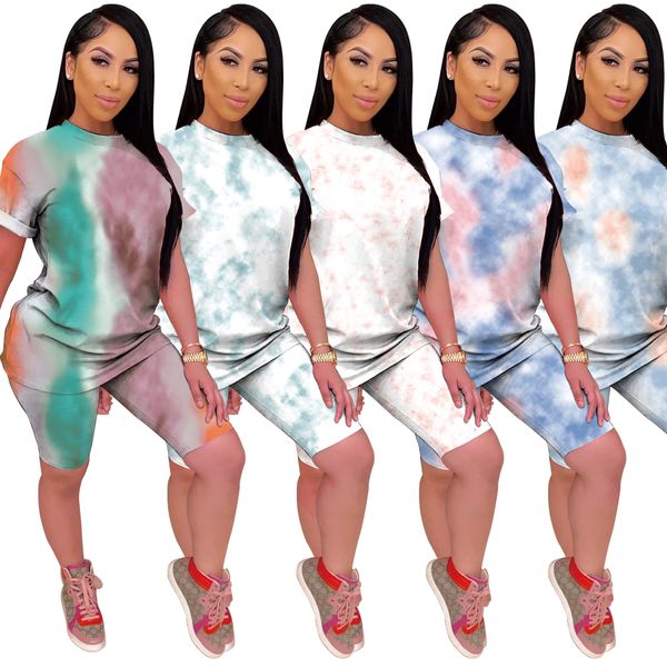 

tie dye womens 2 piece sets summer short sleeve t shirts shorts set casual outfits in 5 colors, Gray