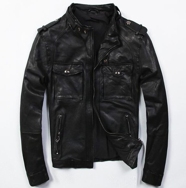 

2019 new leather leather men's short section collar vegetable tanned sheep skin motorcycle jacket youth handsome tide ja, Black