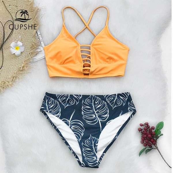 

cupshe yellow and leaves print lace-up bikin sets swimsuits 2019 women two pieces bathing suits swimwear