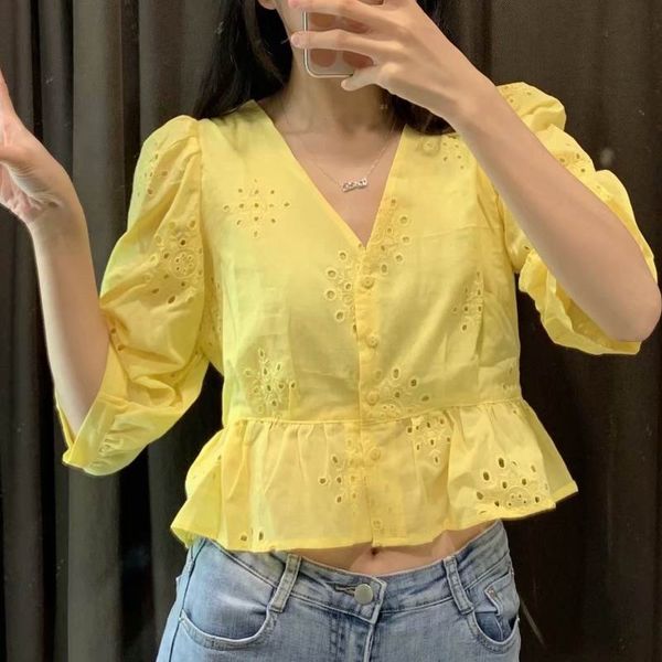 

women blouse and shirt summer 2019 new arrival yellow red cotton embroidery hollow out blusa preppy girl short, White