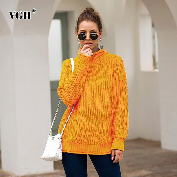 

vgh patchwork knitting sweater for women turtleneck lantern sleeves loose pullover sweaters female autumn fashion new 2019, White;black