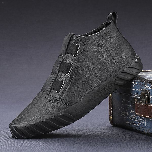 

men shoes leather fashion high male boots mens casual sneakers waterproof lace up flats solid color shoes r6-03, Black
