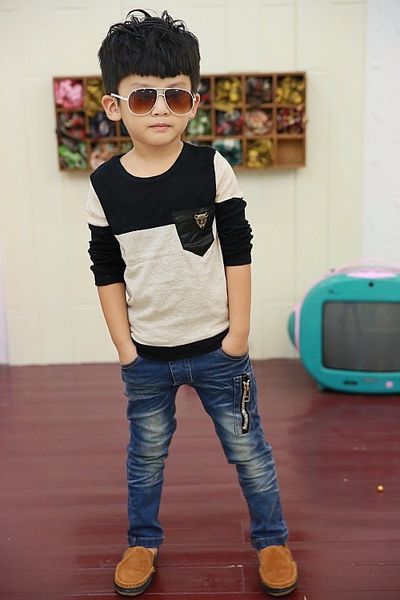 

kids child tees children t-shirts for boys long sleeve t shirts patchwork leopard panther 2019 baby black grey size 100~150, Blue