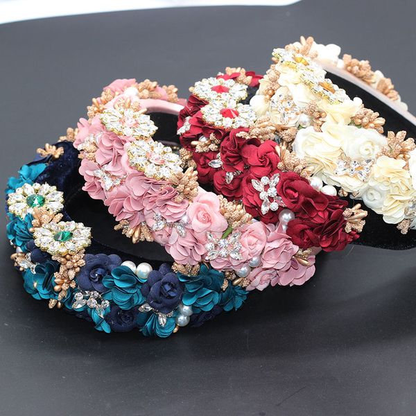 

rhinestone flower exaggerated fashion lady prom headband baroque fashion temperament sponge rhinestone fabric headband 598, Golden;white
