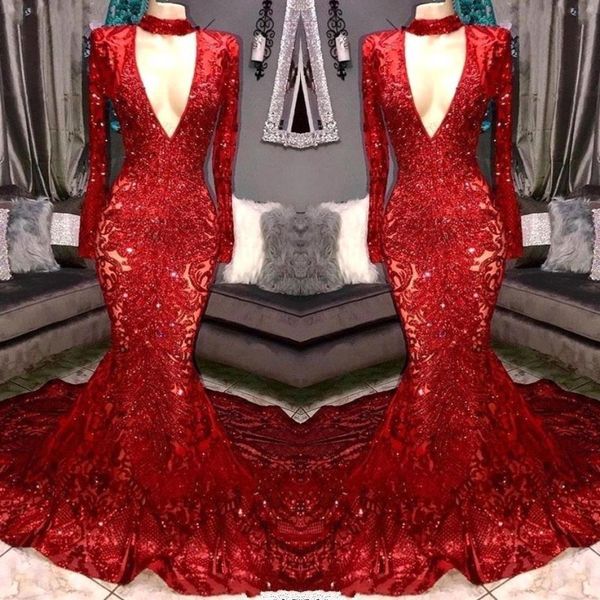 

bright red middle east v neck mermaid prom dresses 2020 sheer long sleeve sequined plus size african evening gowns bc3674