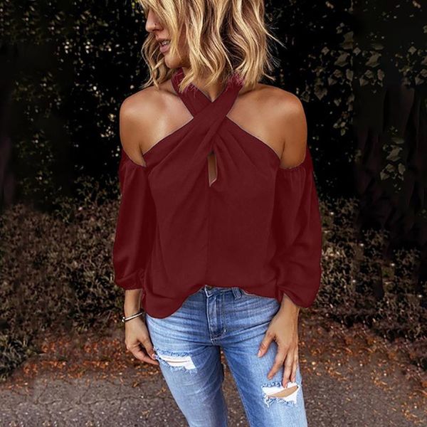 

women's blouses & shirts 2021 women halter blouse clubwear slim summer cold shoulder long sleeve streetwear, White
