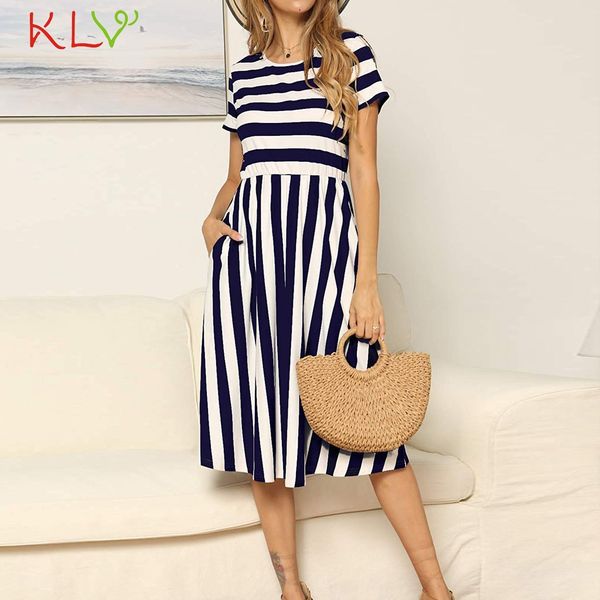 

dress women striped pockets casual elegant summer calf dress beach party night 2019 plus size vestidos robe femme 19may20, Black;gray