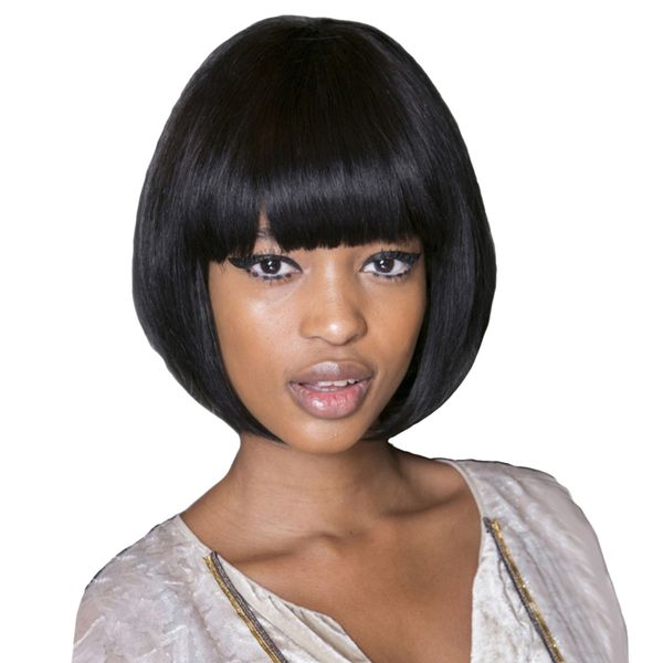

12'' black short straight synthetic bob wigs with bangs +wig cap for cosplay