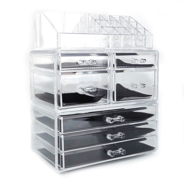 

usa shipping plastic table cosmetics storage rack with 4 small & 3 large drawers transparent in stock