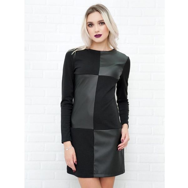 

women vintage leather patchwork elegant office dress long sleeve o neck solid casual mini dress winter new fashion, Black;gray