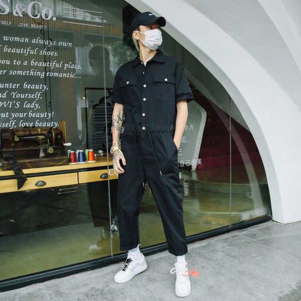 

new fashion jumpsuit men rompers one piece overalls mens short sleeve casual punk rock denim pants male clothing plus size, Black