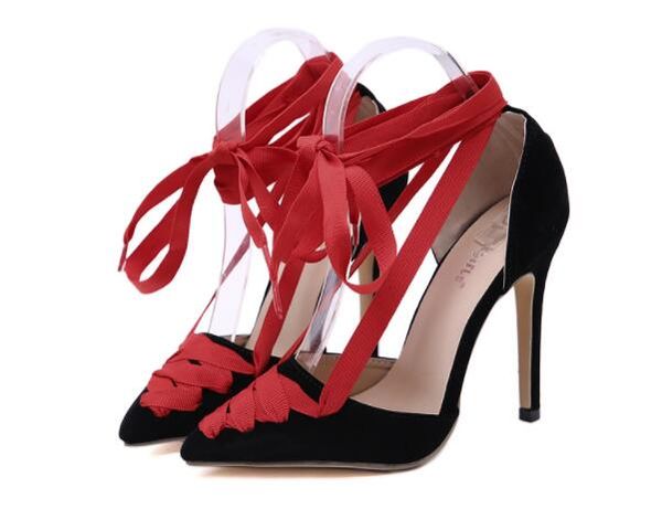 

Designer Dress Shoes lace-up Color collision ankle flock autumn fashion thin high heels ladies women pumps zapatos mujer sandals A11018
