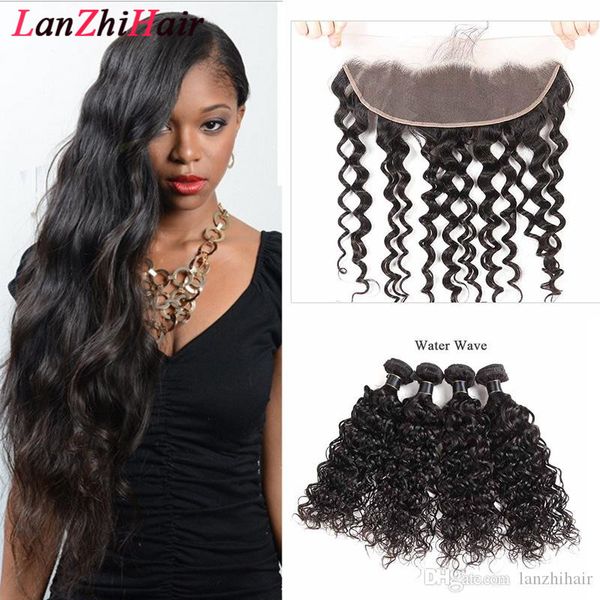 

9а малазийской волна воды человеческого ткет волоса волна воды с 13x4 lace лобовых 100% индийская сыпучая глубокая волна связка с фронтальны, Black;brown