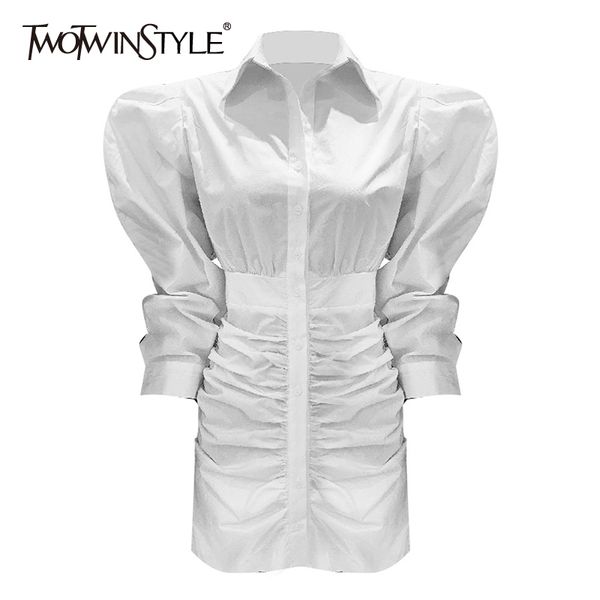 

twotwinstyle элегантный ruched женское платье лацкан воротник слоеного с длинным рукавом высокая талия ruched тонкий повседневные платья жен, Black;gray