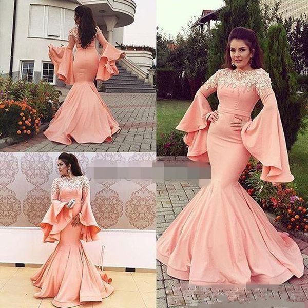 

2019 new modern coral mermaid arabic evening dresses jewel neck hand made flower beaded poet long sleeve formal wear satin prom dresses, Black
