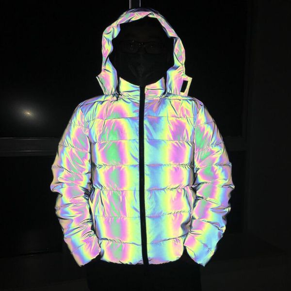 

colorvalue rainbow reflective windproof winter hooded jackets thick warm hip hop sport outwear with two ways zipper s-xxl, Black;red