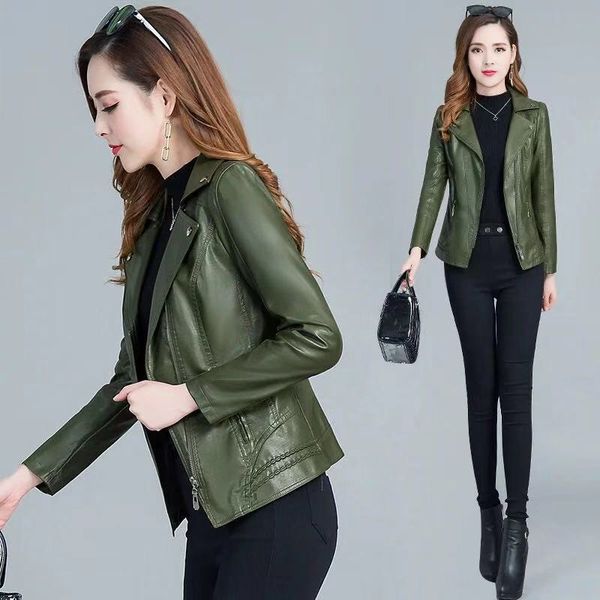 

women's leather & faux 5xl plus size women 2021 autumn and winter short slim coat motorcycle jacket, Black