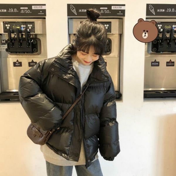

dropshipping bright winter jacket women parka warm thick solid short style cotton padded parkas stand collar outwear loose coat, Black