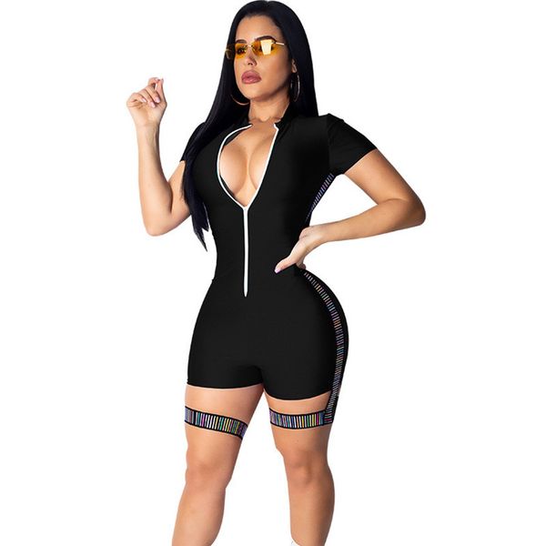 

new summer rompers women bodycon jumpsuit shorts overalls zipper front fitness playsuits club wear one piece outfits female, Black;white