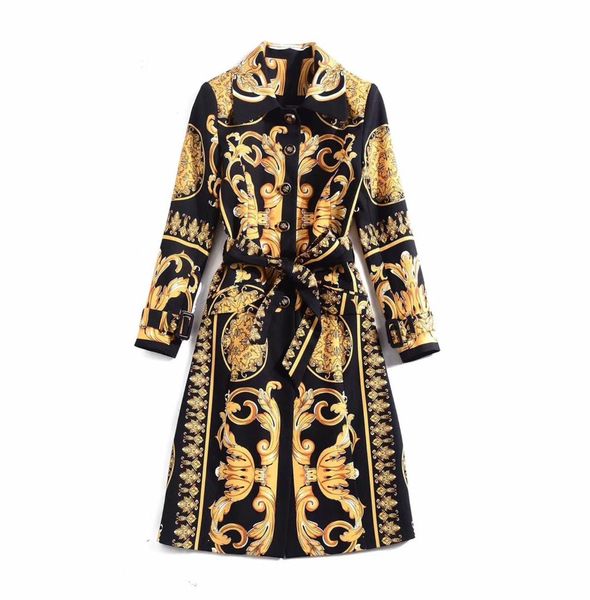 

european and american women's 2019 winter clothing new long sleeve fine button vintage print trench coat, Tan;black