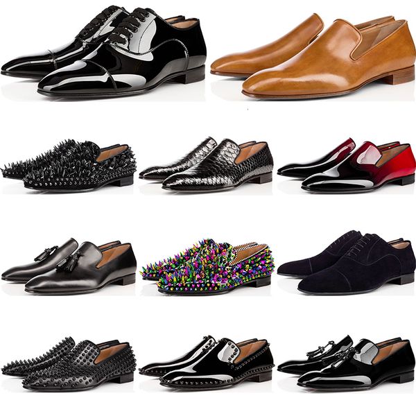 

fashion luxury mens designer shoes loafers casual black red spike patent leather slip on dress wedding flats bottoms business party sneakers