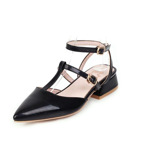 

sandalias mujer 2020 europe style thick heel patent leather women summer pointed shoes buckle middle heel big size 48 w-4, Black