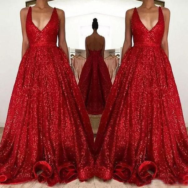 

Sexy Red Sparkly Sequined Prom Dresses Long Deep V-Neck Sleeveless Backless A Line Cheap Evening Party Gowns