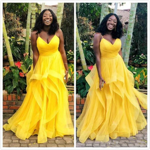 Sarı balo elbiseleri spagetti kayışları organza basit pileler dantelli katmanlı tül etek özel yapılmış Afrika siyah kız resmi gece elbisesi 0420