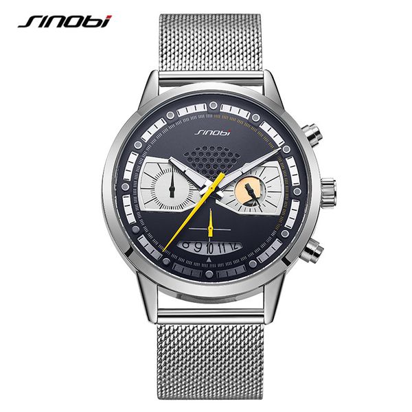 

sinobi brand business men's mesh band watches 2019 luxury waterproof chronograph quartz watch casual wristwatch for men, Slivery;brown