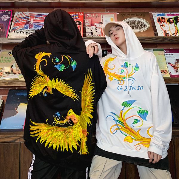 

ins mens womens autumn winter phoenix embroidery hoodies sweatshirts oversize swag tyga hip hop couples streetwear us size s-xl, Black