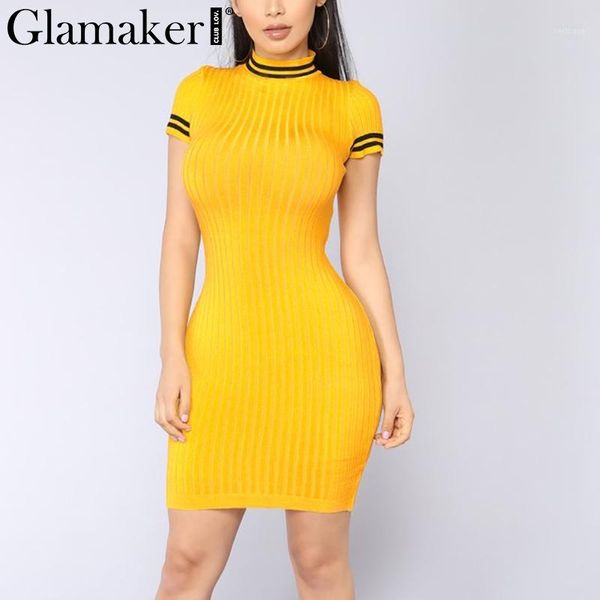 

glamaker knitted short sleeve bodycon dress women stand collar striped midi dress summer yellow elegant party casual1, Black;gray