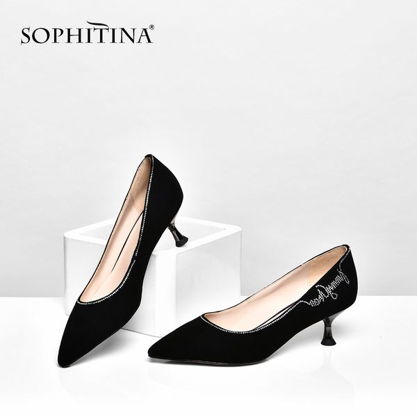 

sophitina comfortable low heel pumps genuine leather pointed toe special shoes new women pumps so303, Black
