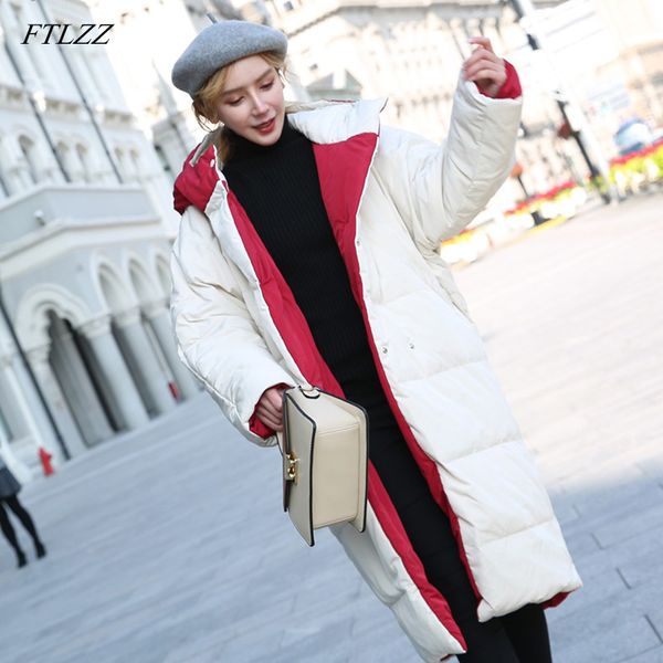 

ftlzz winter down long jacket women double side beige red hooded parkas snow outwear overcoat white duck down warm coats, Black