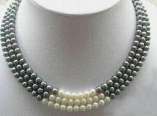 

necklace ++3rows 7-8mm black white natural pearl necklace 17-19" new, Silver