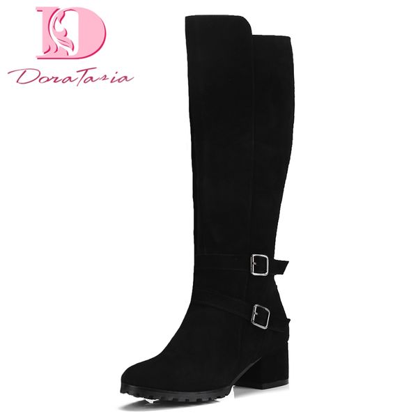 

doratasia cow suede 2018 zip up riding boot shoes woman boots square heels add fur winter knee-high boots woman shoes, Black