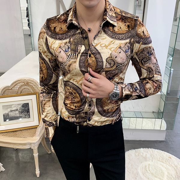 

winter shirts mens velvet luxury shirts mens gold printed camisas hombre slim fit royal baroque clothing club party dress, White;black