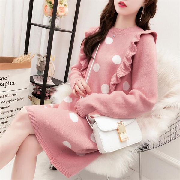 

long over-the-knee sweater skirt female 2019 new autumn and winter long-sleeved dot lotus leaf side hood loose, White;black