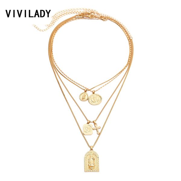 

vivilady fashion multi layers virgin mary jesus cross choker necklace women gold color metal chain round religious jewelry gift, Silver
