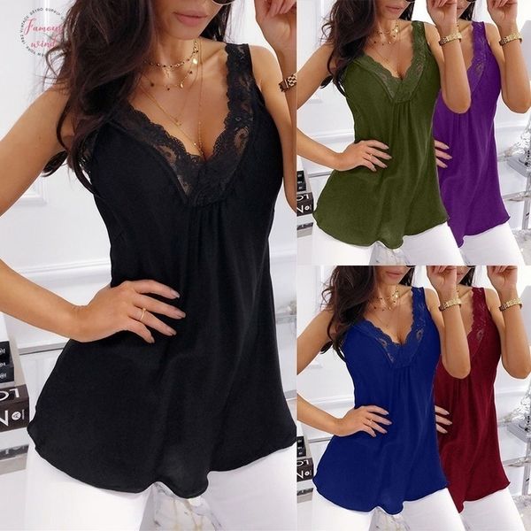 

summer 2020 fashion women tank v neck sleeveless lace plus size women clothes bottoming vest shirt, White