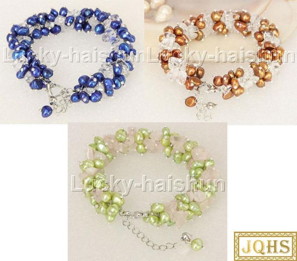 

jqhs handcrafted adjustable baroque navy blue coffee green pearls crystal beaded strand bracelet j11878-2, Black