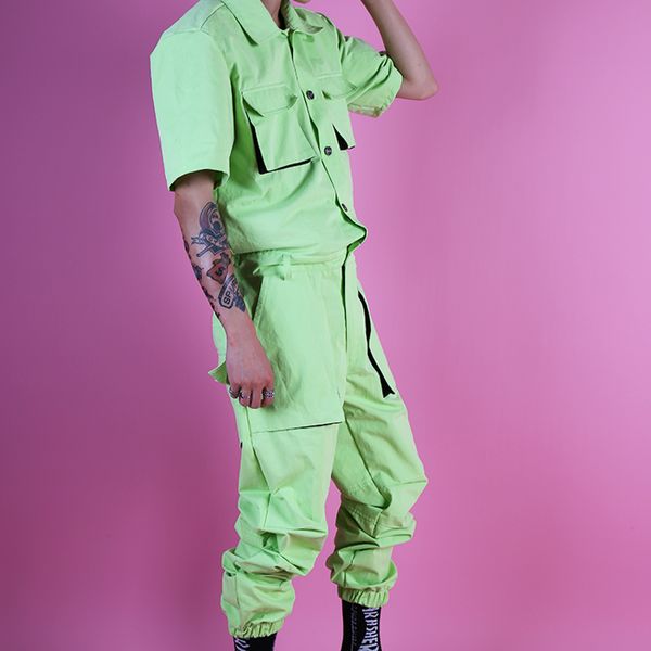 

menstreetwear hip hop fashion overalls pants summer multi pockets cargo jumpsuits male short sleeve singer dancer stage clothes, Black