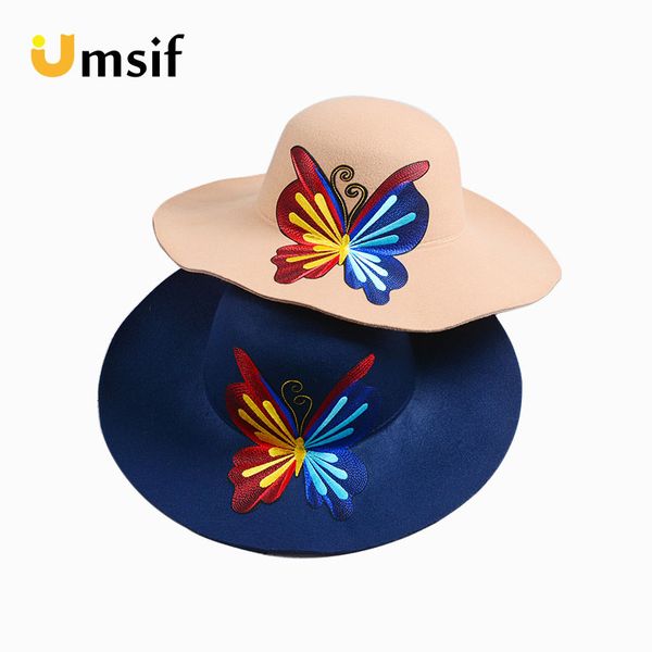

new autumn winter women's butterfly embroidery fedoras hats wide large brim fedora hat for women jazz hat woolen bowler caps, Blue;gray