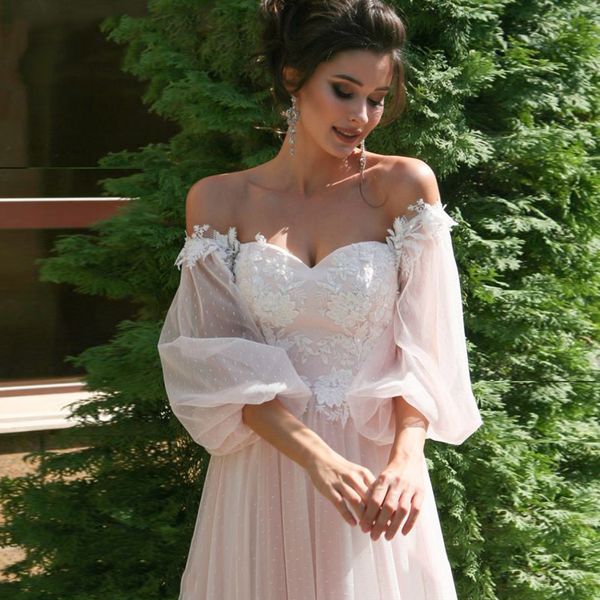 

blush pink white lace wedding dresses off shoulder puff sleeves ruched dotted tulle romantic 2020 bridal gowns vestidos de noiva