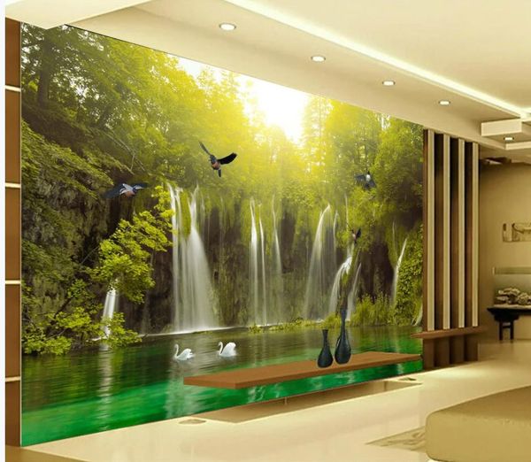 Linda paisagem cachoeira de madeira paisagem tv background wall photo murais de parede papel de parede